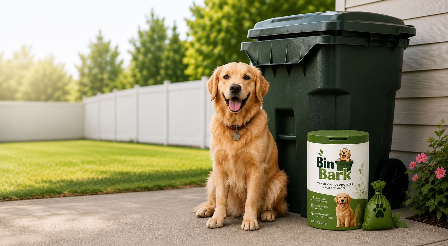 Golden retriever sitting next to a trash can with Bin Bark deodorizer canister