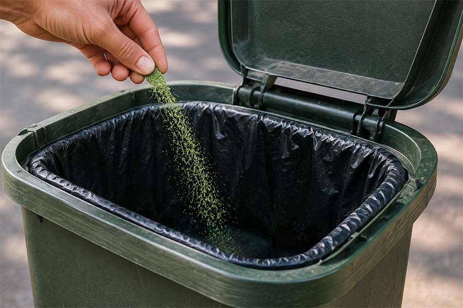 Sprinkling Bin Bark deodorizer into a trash can